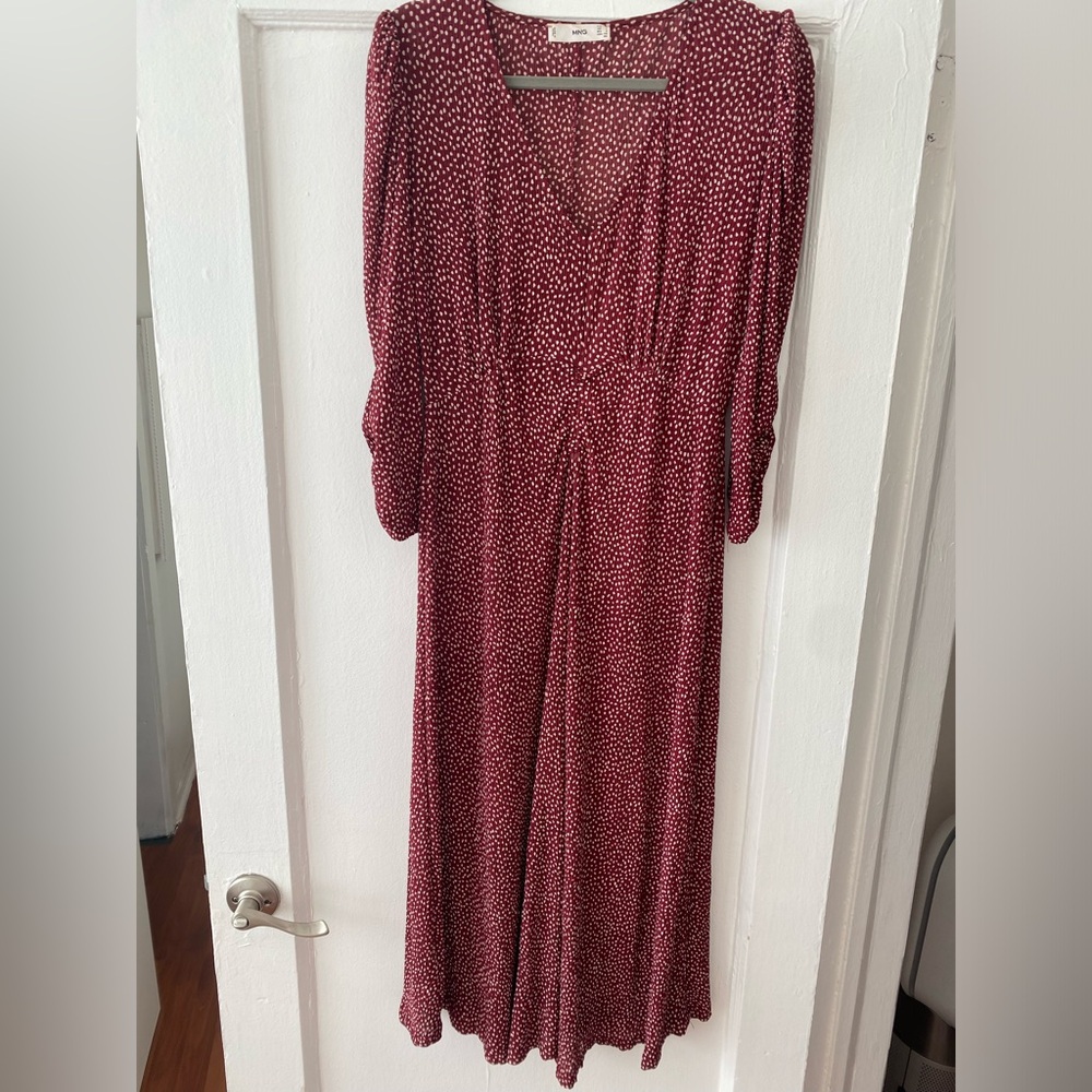 Mango Burgundy Patterned Long Sleeve Dress